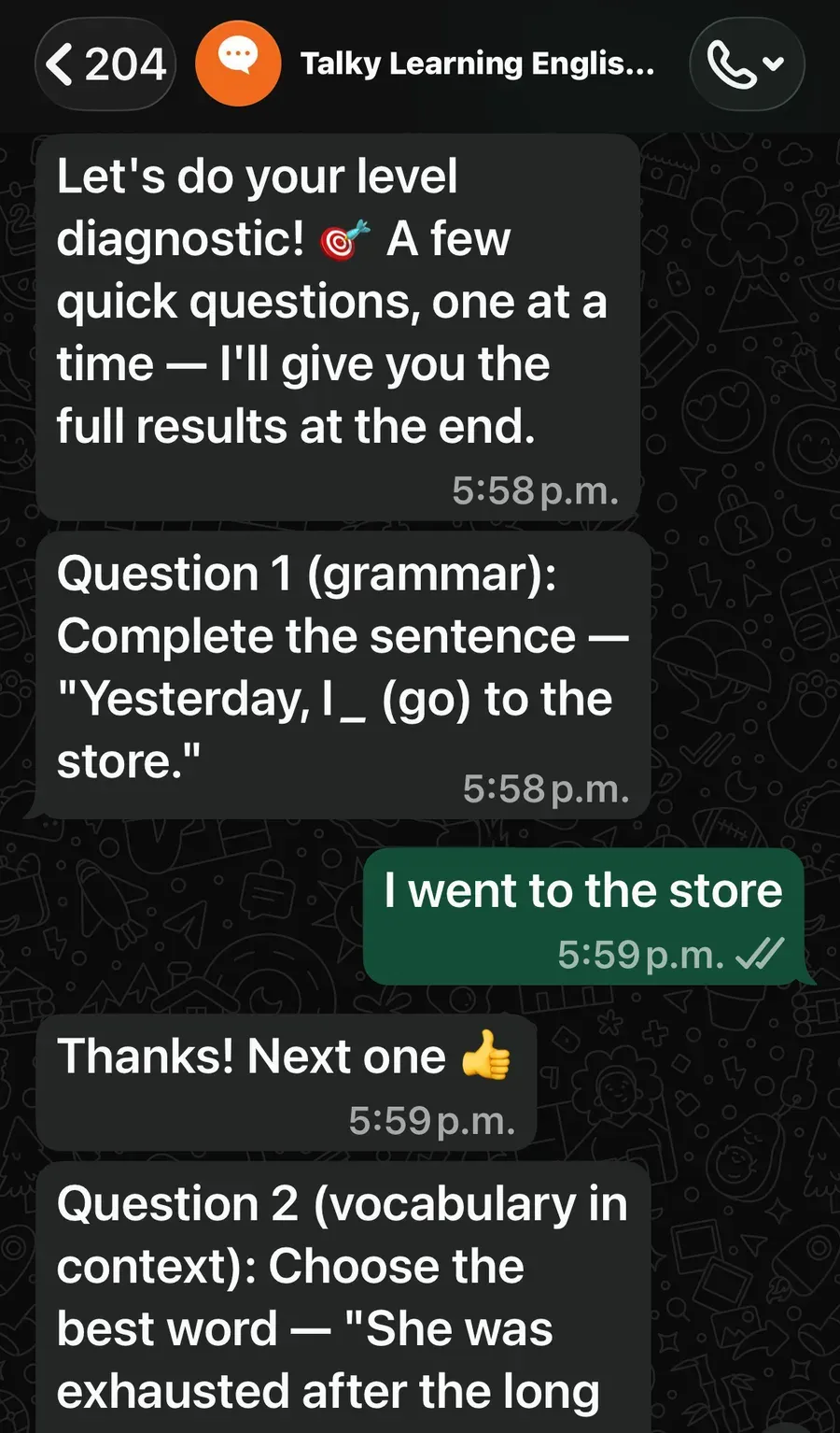 Conversación real de WhatsApp mostrando el diagnóstico de nivel de Talky